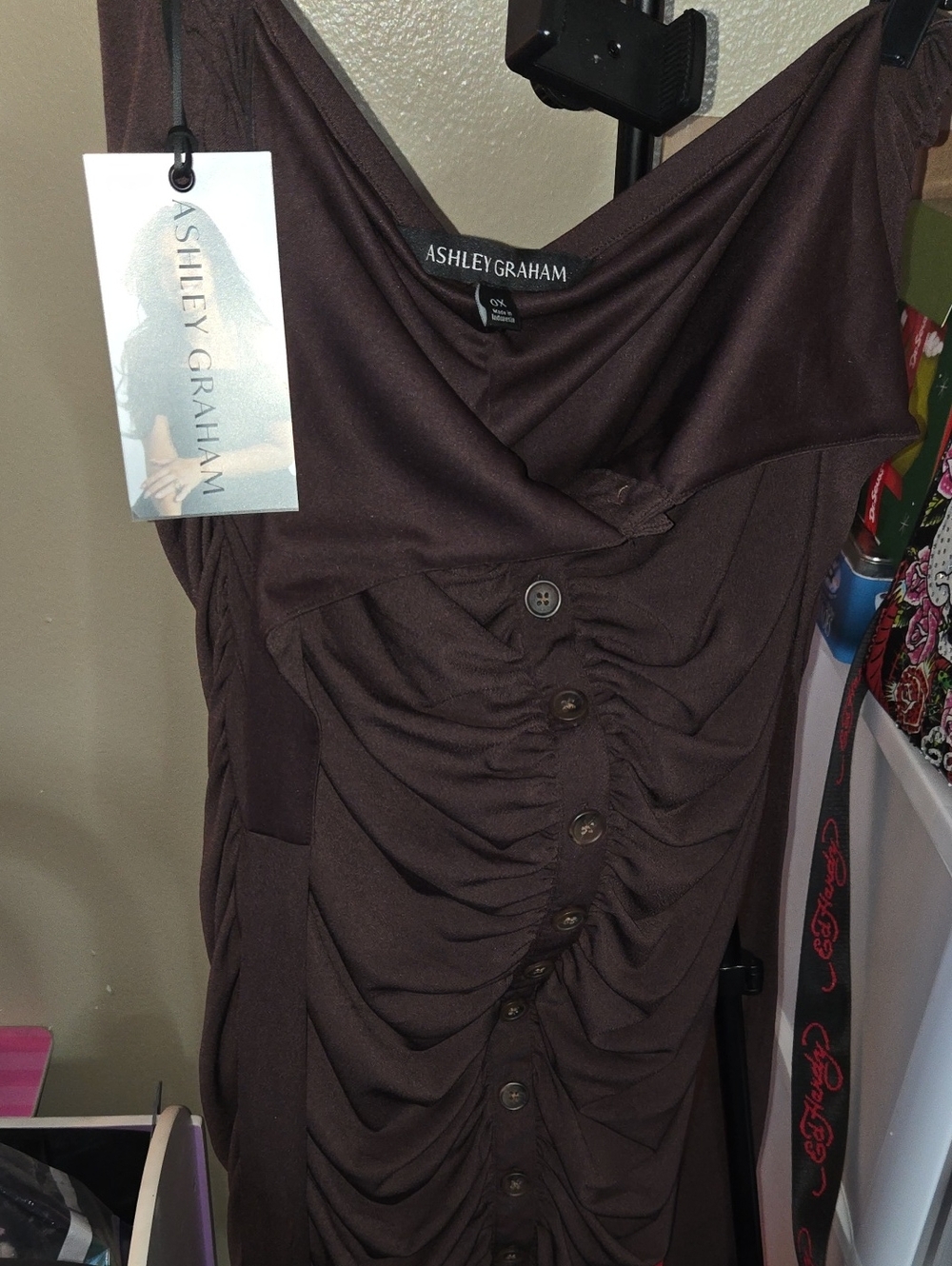Ashley Graham Brown Ruched Button-Front Dress